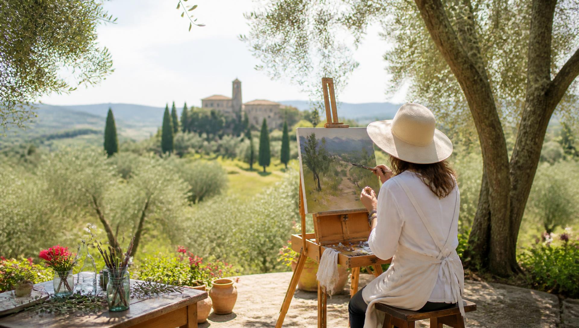 Painting at an easel in a sunlit olive grove in Italy